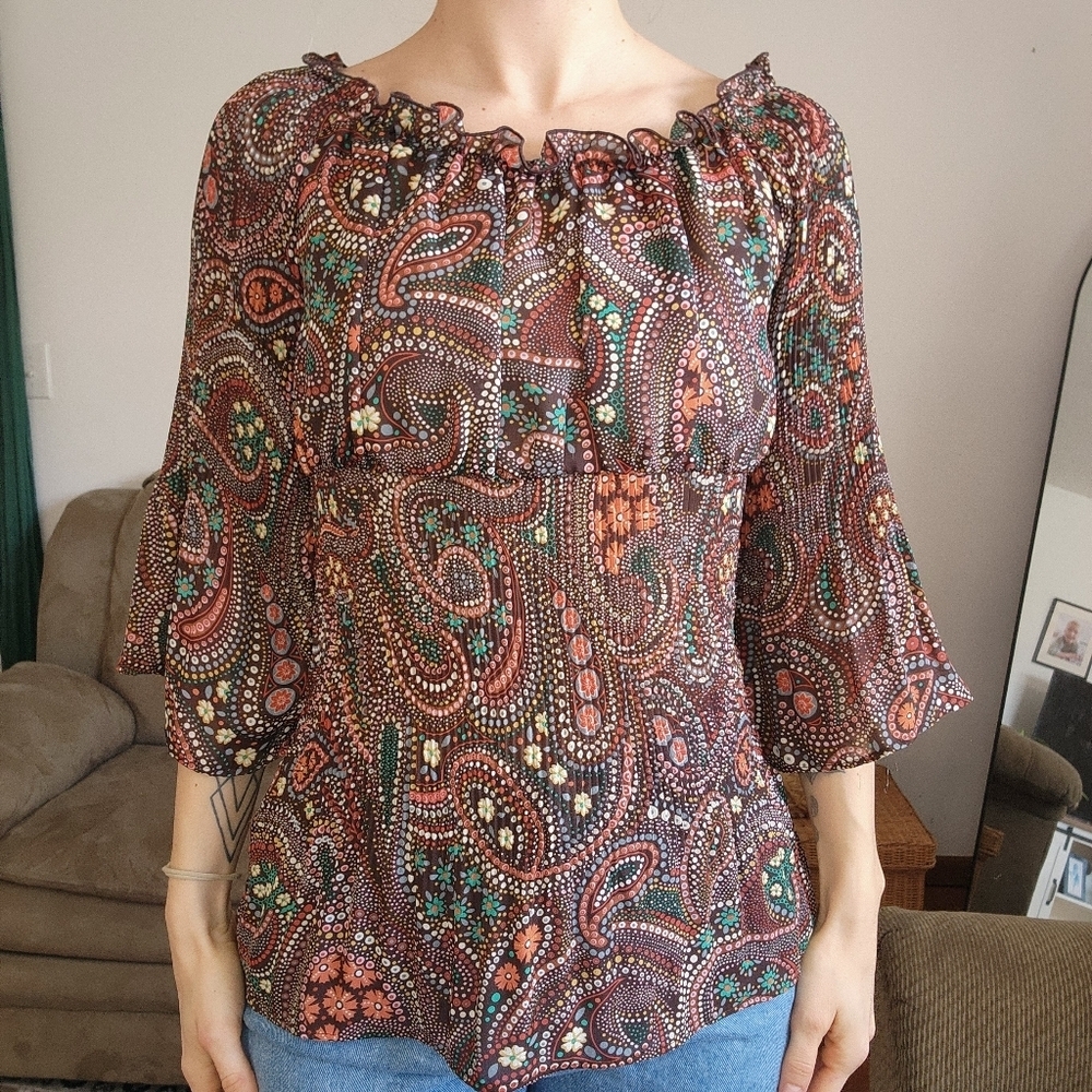 Serenade Y2K Floral Pleated Peasant Blouse Size Medium